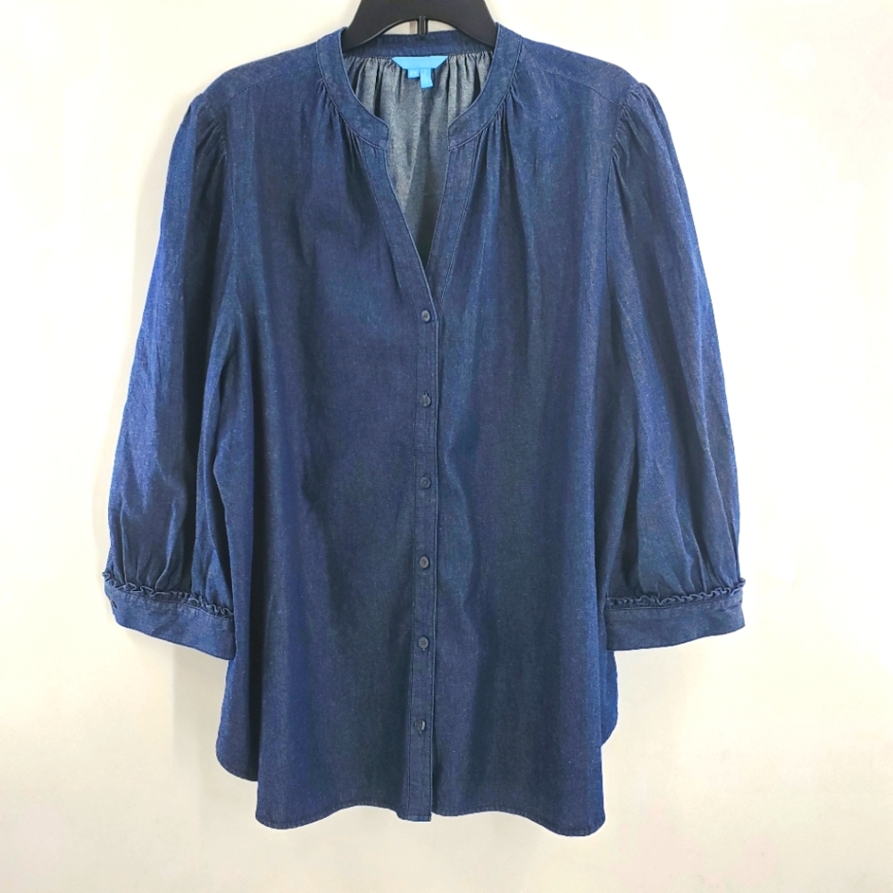 Draper James cotton blue button up blouse ruffle accent 3/4 sleeves 2X